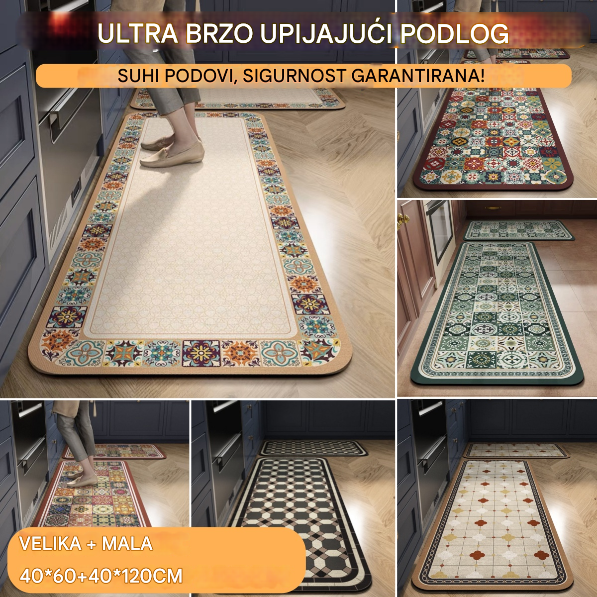 💥【Kupite jedan, dobijte jedan gratis】【40*60+40*120cm】Protuklizne i visoko upijajuće prostirke za kuhinju i kupaonicu