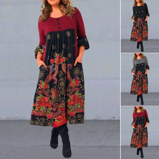 【S-5XL】👗2025 noua rochie casual cu maneca lunga cu imprimeu retro de toamna si iarna 3912323