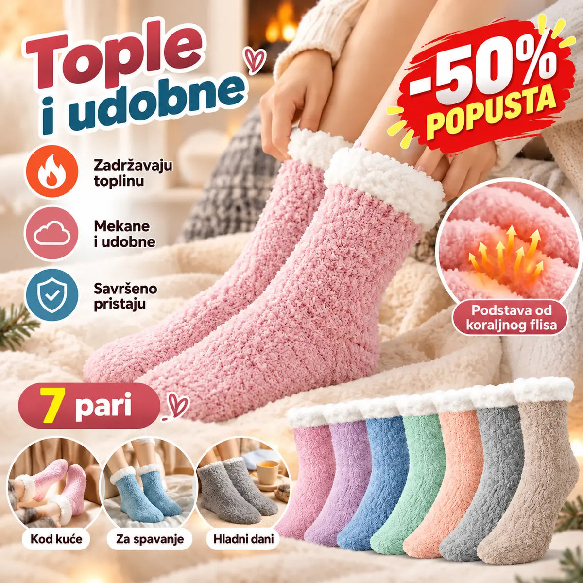 🔥📣【7 parova】🧦 Udobne ženske čarape s podstavom od flisa – tople zimske čarape