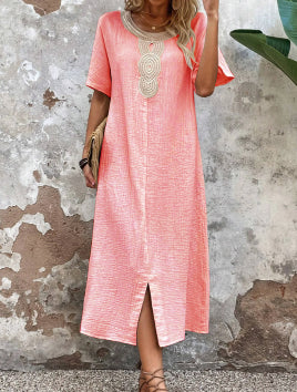 [S-3XL] Rochie nouă de vară, brodata, cu gât rotund, din bumbac și in, la modă și elegantă, confortabilă și respirabilă