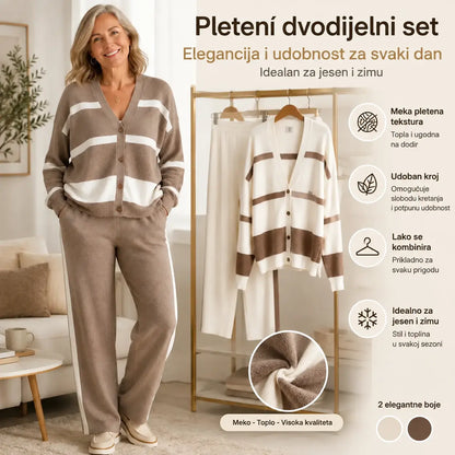 🍁【Gornji dio + hlače】🍂 Ovaj potpuno novi, visokokvalitetni i elegantni pleteni komplet od dva dijela udoban je, svestran i savršen izbor za svakodnevno nošenje.
