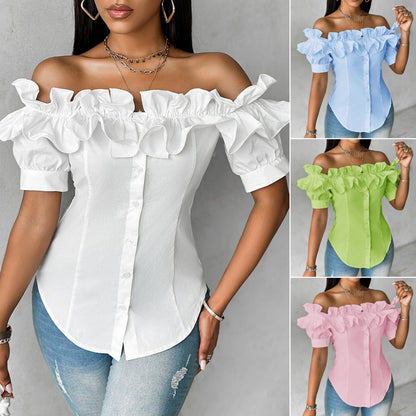 🔥【Reducere 50%】🔥【S-XXL】Bluză cu volane, fără umeri, elegantă, confortabilă și de bun gust, confortabilă și la modă