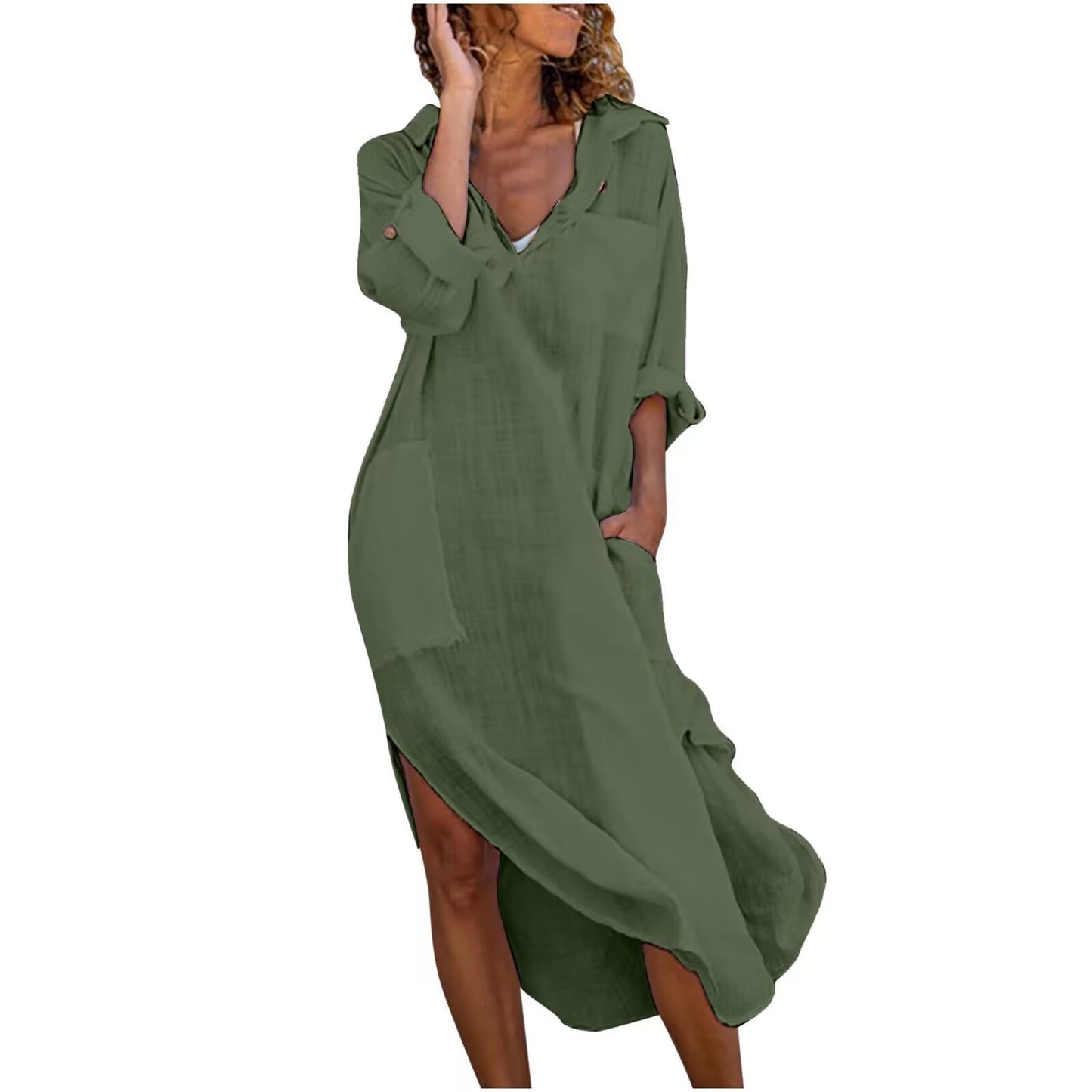 🔥【Rabat 50%】✨【S-2XL】Długa koszulowa sukienka damska z bawełny i lnu