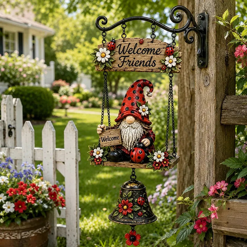 Campana de bienvenida con gnomo de jardín, placa de "Bienvenido", campana de bronce retro, soporte de pared de hierro, decoración para patio y jardín.