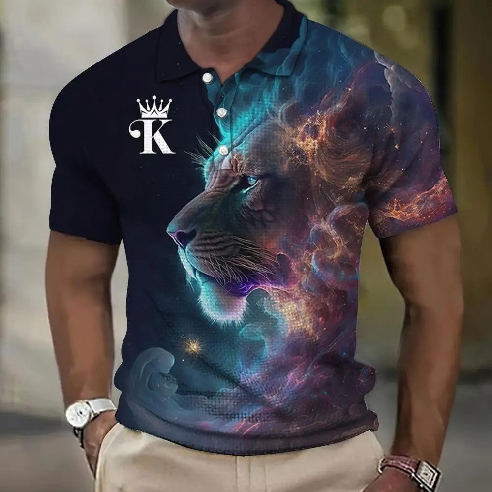 【S-6XL】Męska koszulka polo z nadrukiem 3D z lwem