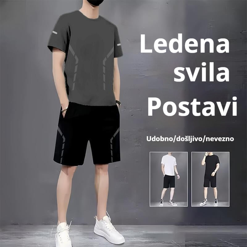 【L-5XL】Muško ljetno tanko elastično brzosušeće sportsko odijelo za trčanje i fitness - ledeno svileno mrežasto, kratke rukave i kratke hlače
