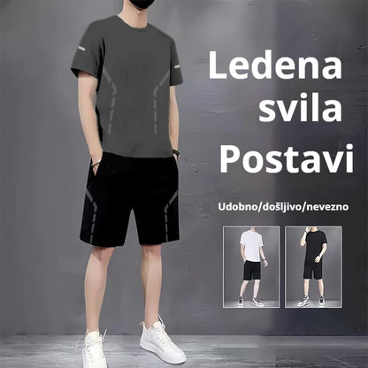 【L-5XL】Muško ljetno tanko elastično brzosušeće sportsko odijelo za trčanje i fitness - ledeno svileno mrežasto, kratke rukave i kratke hlače