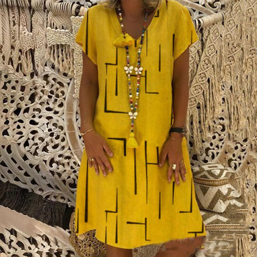 【🏆50% de descuento】 👗【S-5XL】Vestido de algodón estampado con cuello en V