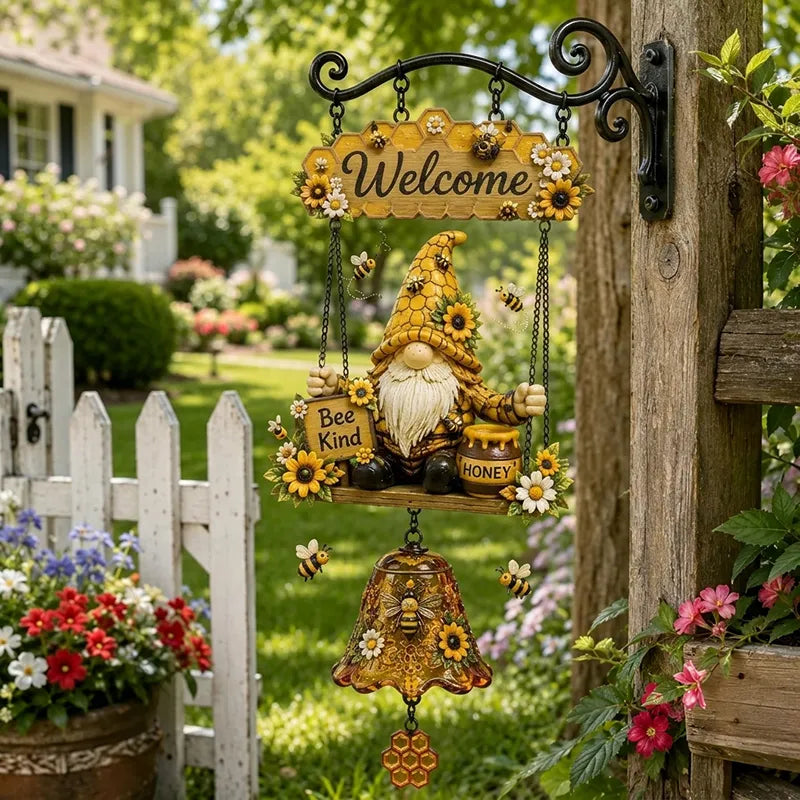 Campana de bienvenida con gnomo de jardín, placa de "Bienvenido", campana de bronce retro, soporte de pared de hierro, decoración para patio y jardín.