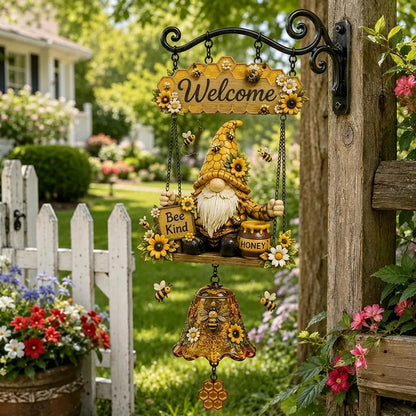 Campana de bienvenida con gnomo de jardín, placa de "Bienvenido", campana de bronce retro, soporte de pared de hierro, decoración para patio y jardín.