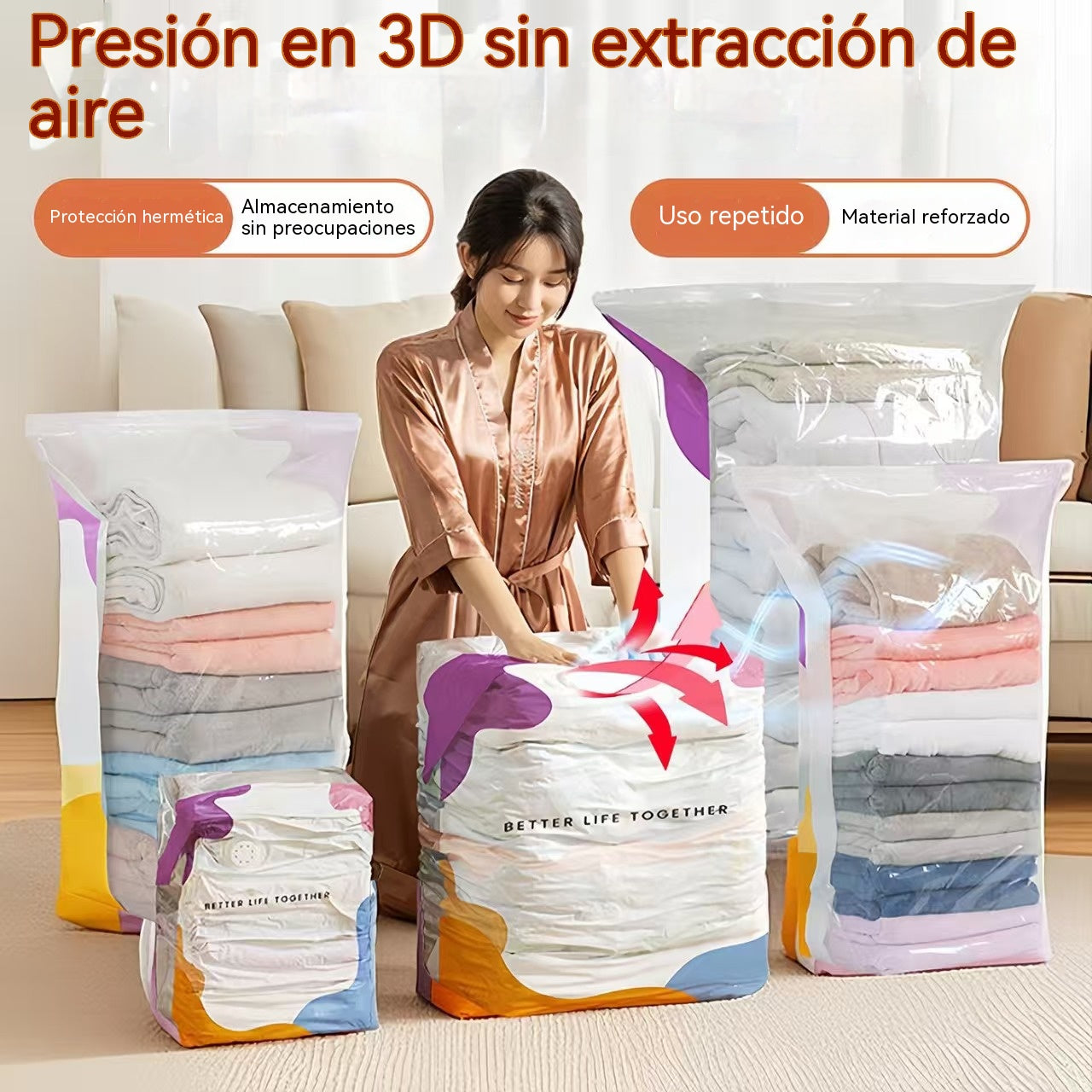 🧳【Juego de 5 piezas reforzado】💨 Bolsas de almacenamiento al vacío con compresión automática, reutilizables
