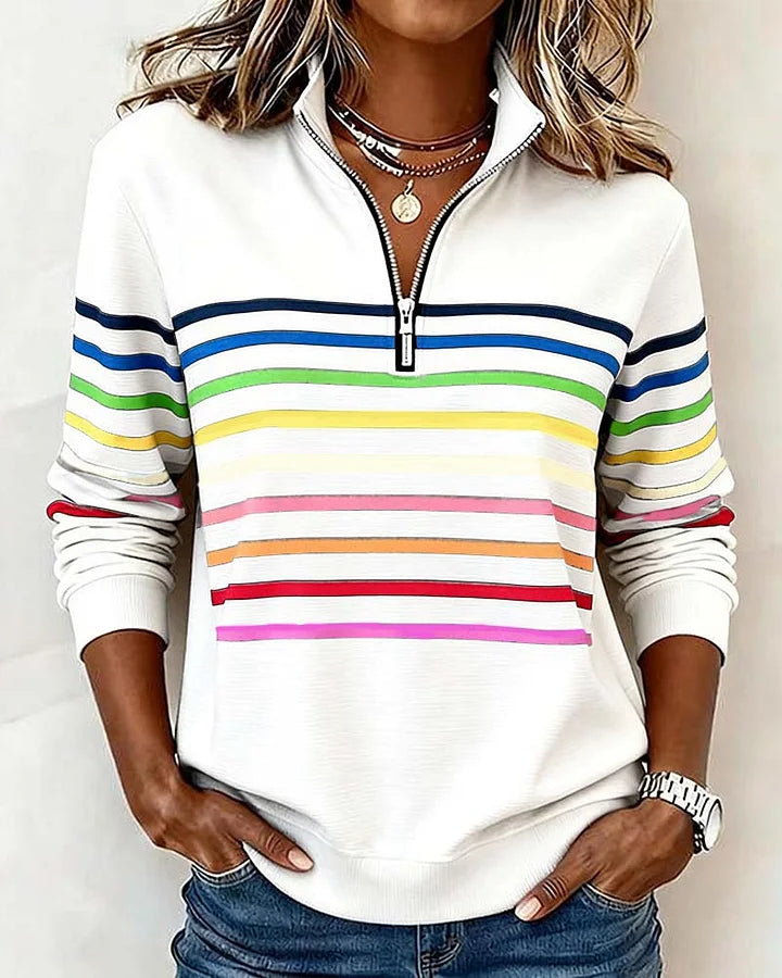 🔥✨【S-5XL】😀👉Stylowa bluza z kołnierzykiem w paski tęczowe i zamkiem błyskawicznym