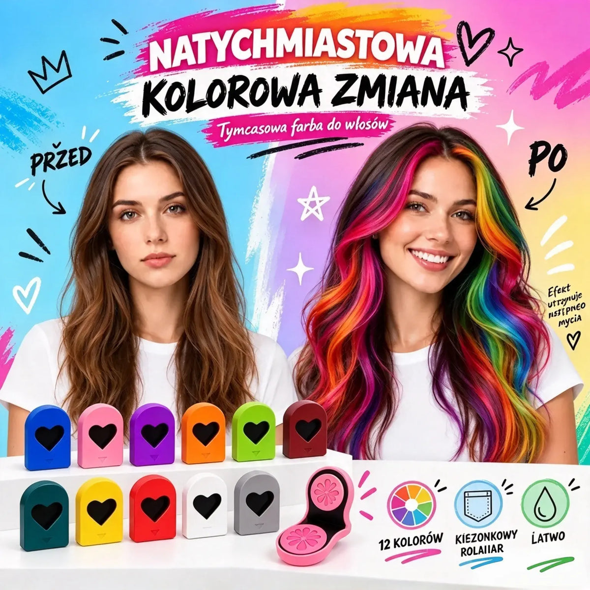 🌈🪮 Kompaktowa farba do włosów w pudrze, 12 odcieni do szybkiej koloryzacji