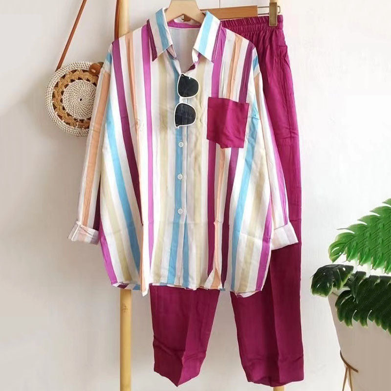 🌸【S-5XL】Nueva conjunto de primavera a rayas, conjunto de dos piezas con mangas largas y pantalones.