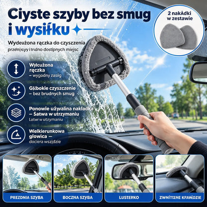 Zestaw do czyszczenia szyb samochodowych (rączka + 2 nakładki z mikrofibry) – teleskopowe narzędzie do przedniej szyby i okien auta