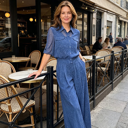 💕【Top s ovratnikom + hlače】Elegantni ženski set: košulja fine teksture i zvonaste hlače, sofisticirani stil, visoki struk