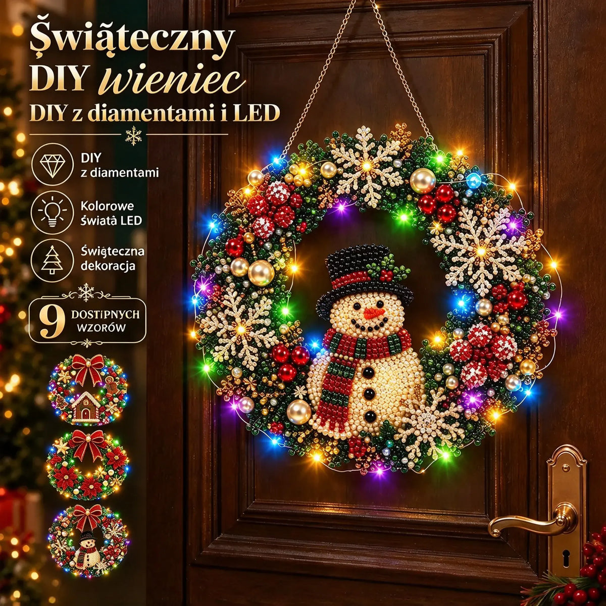 🎄 Świąteczna korona DIY z diamentami, perłami i światłami LED! Wytrzymała płyta akrylowa・9 świątecznych wzorów・Idealna dekoracja drzwi, ścian i okien