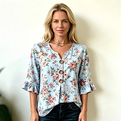 🌺[XS-3XL] Nova ženska košulja s V-izrezom i volanima — mješavina pamuka i lana s gumbima: jednostavna i elegantna.