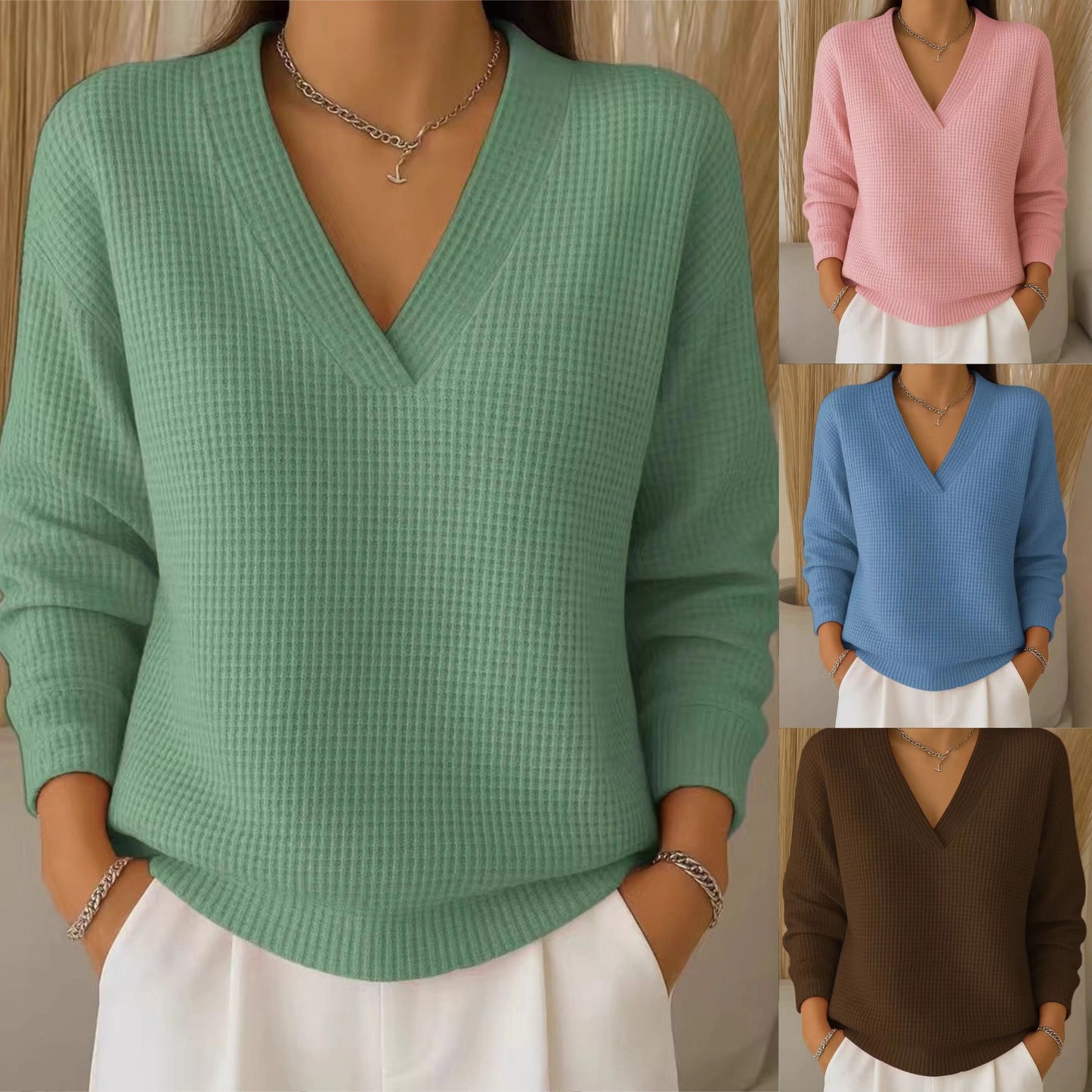 ✨💥【S-3XL】Novi ležeran pleteni top dugih rukava s uzorkom vafla