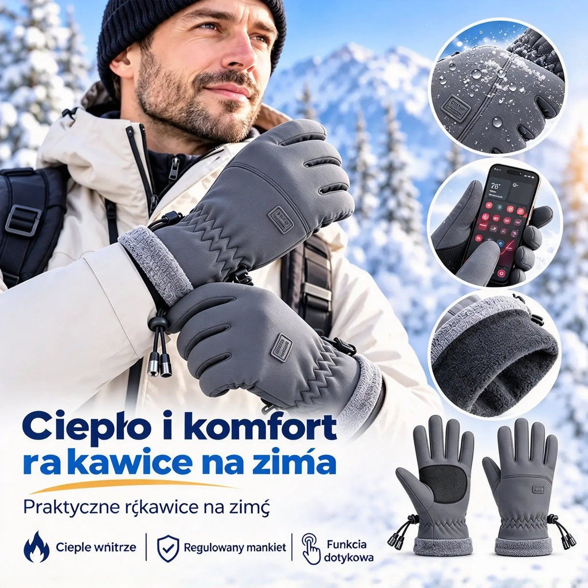 🧤 Zimowe rękawice męskie, wiatro- i wodoodporne, podszyte pluszem, z funkcją ekranu dotykowego, antypoślizgowa dłoń, idealne do jazdy na rowerze, narciarstwa i wędrówek