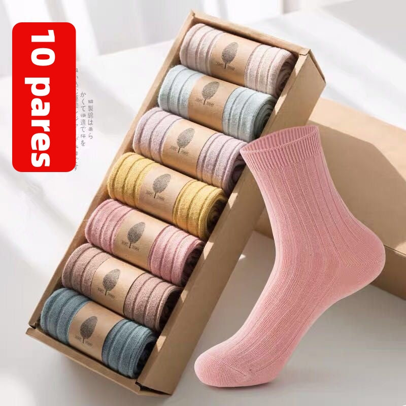 🧦【10 pari】Jednobojne pamučne čarape, zadebljane do sredine teleta, za jesen i zimu.