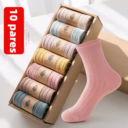 🧦【10 pari】Jednobojne pamučne čarape, zadebljane do sredine teleta, za jesen i zimu.