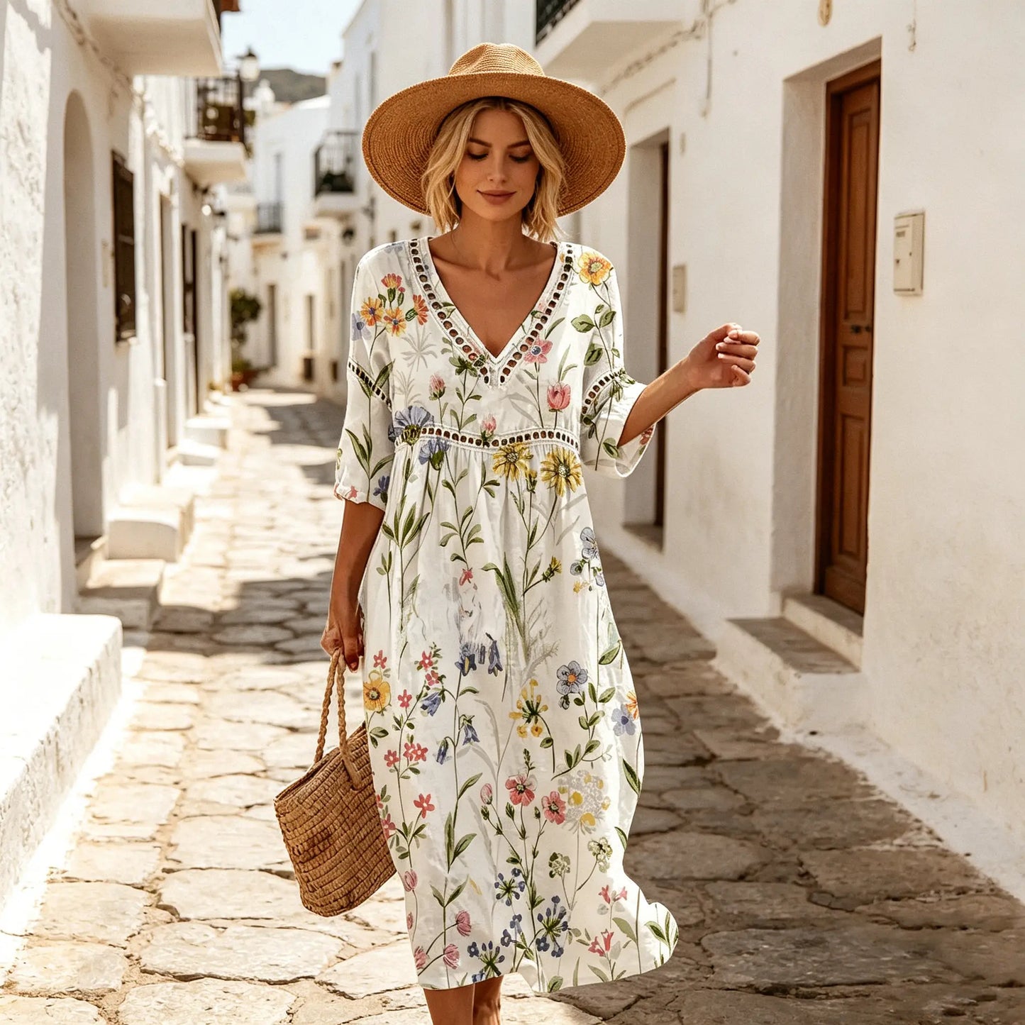 👗【S-3XL】Vestido largo de algodón y lino con estampado floral, estilo veraniego, escote en V