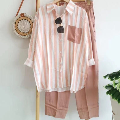 🌸【S-5XL】Nueva conjunto de primavera a rayas, conjunto de dos piezas con mangas largas y pantalones.