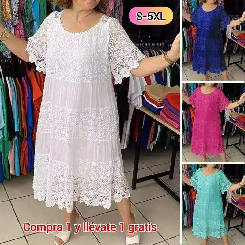 🔥【50% DE DESCUENTO】✨✨✨【S-5XL】Nuevo vestido 2026 con mangas cortas, escote redondo y encaje.