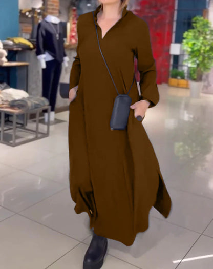 🔥【S-3XL】Rochie ocazională de primăvară și vară, cu mâneci lungi, cu decolteu în V, de culoare uni