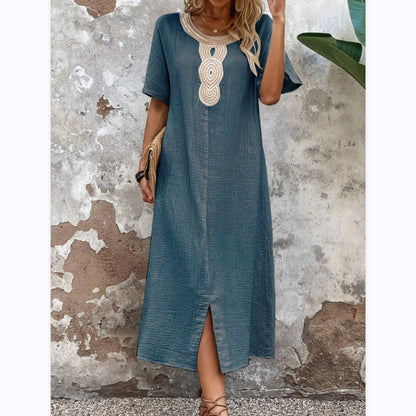 [S-3XL] Rochie nouă de vară, brodata, cu gât rotund, din bumbac și in, la modă și elegantă, confortabilă și respirabilă