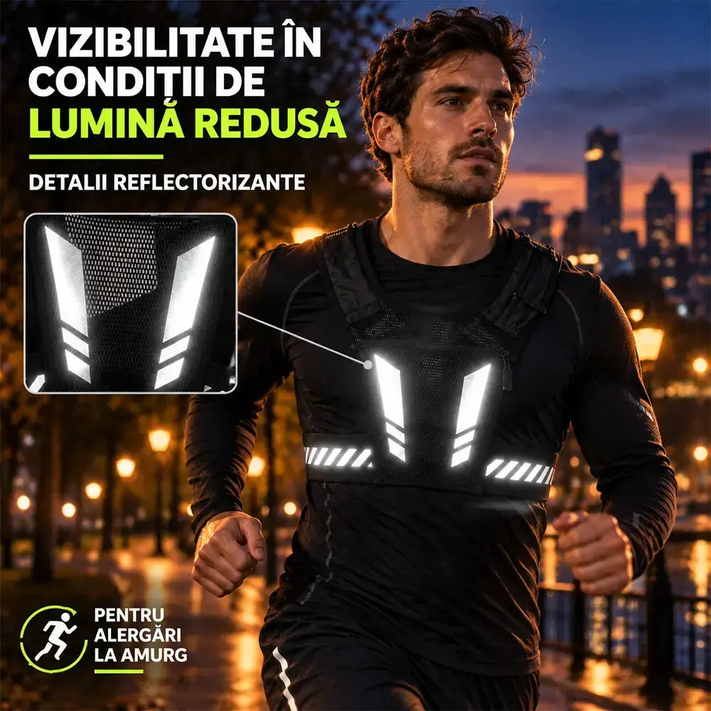 🏃 Chaleco para correr y practicar deportes con bolsillo frontal · Compartimento para el móvil con cremallera · Soporte trasero para botella de agua · Detalles reflectantes para la noche · ¡Malla transpirable y correas ajustables!