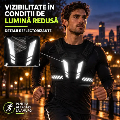 🏃 Chaleco para correr y practicar deportes con bolsillo frontal · Compartimento para el móvil con cremallera · Soporte trasero para botella de agua · Detalles reflectantes para la noche · ¡Malla transpirable y correas ajustables!