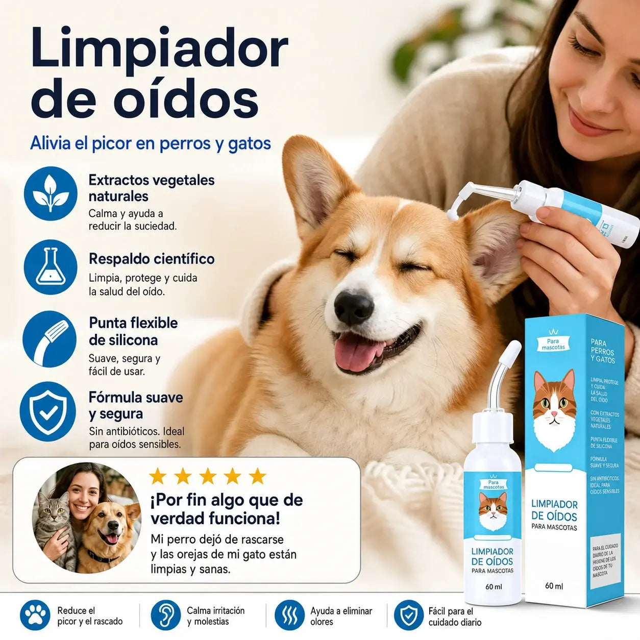 🐶🐱 Limpiador de oídos para aliviar la picazón en los oídos de perros y gatos.