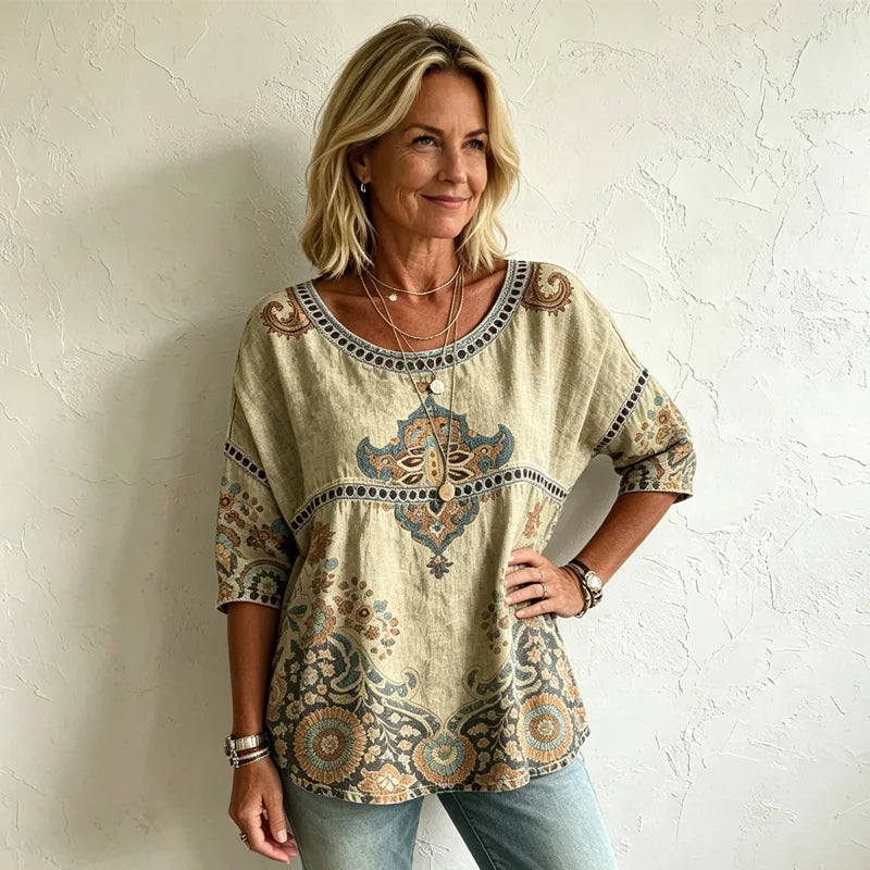 💖【S-5XL】 Exquisita blusa de manga corta con estampado de encaje calado y un estilo bohemio fluido.