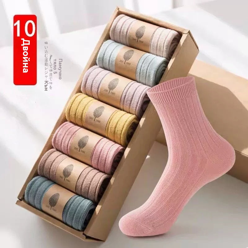 🧦【10 pari】Jednobojne pamučne čarape, zadebljane do sredine teleta, za jesen i zimu.