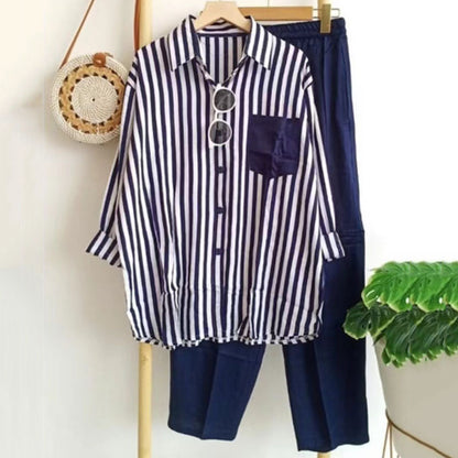 🌸【S-5XL】Nueva conjunto de primavera a rayas, conjunto de dos piezas con mangas largas y pantalones.
