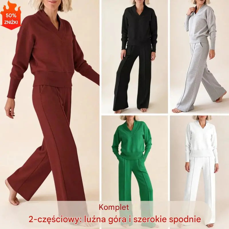 🥰📢 Luźny dwuczęściowy zestaw casual damski na jesień, jednokolorowy, elegancki krój, góra i szerokie spodnie