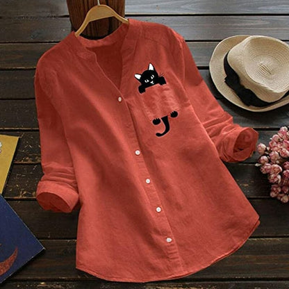 ✨🌿【Nou de primăvară🔥】【S-3XL】 Cămașă din bumbac cu decolteu în V, cu mânecă lungă, cu imprimeu de pisici, noua modă de primăvară 2025
