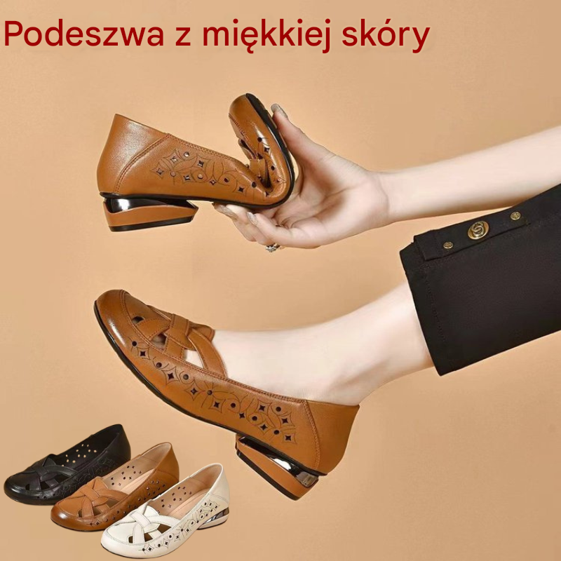 🔥Hit Sprzedaży 【Rabat 50%】👩【35-40】Nowe damskie sandały z okrągłym noskiem i prawdziwej skóry na małym obcasie