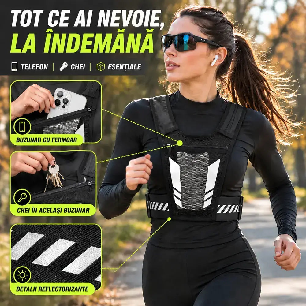 🏃 Chaleco para correr y practicar deportes con bolsillo frontal · Compartimento para el móvil con cremallera · Soporte trasero para botella de agua · Detalles reflectantes para la noche · ¡Malla transpirable y correas ajustables!