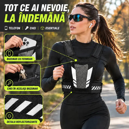 🏃 Chaleco para correr y practicar deportes con bolsillo frontal · Compartimento para el móvil con cremallera · Soporte trasero para botella de agua · Detalles reflectantes para la noche · ¡Malla transpirable y correas ajustables!