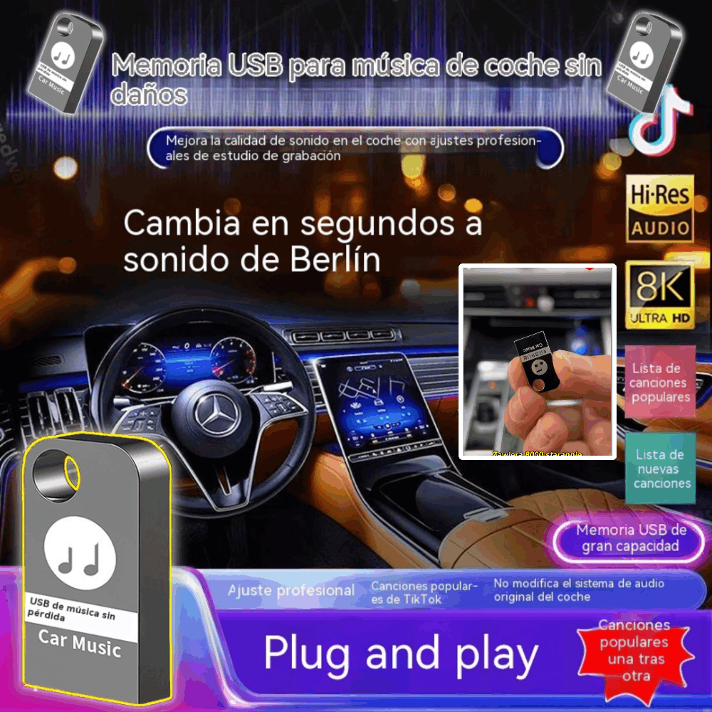 🚗🎵🎵【Muzyczna pamięć USB】Zawiera 8000 utworów, 600 teledysków i efekty dźwiękowe 6D