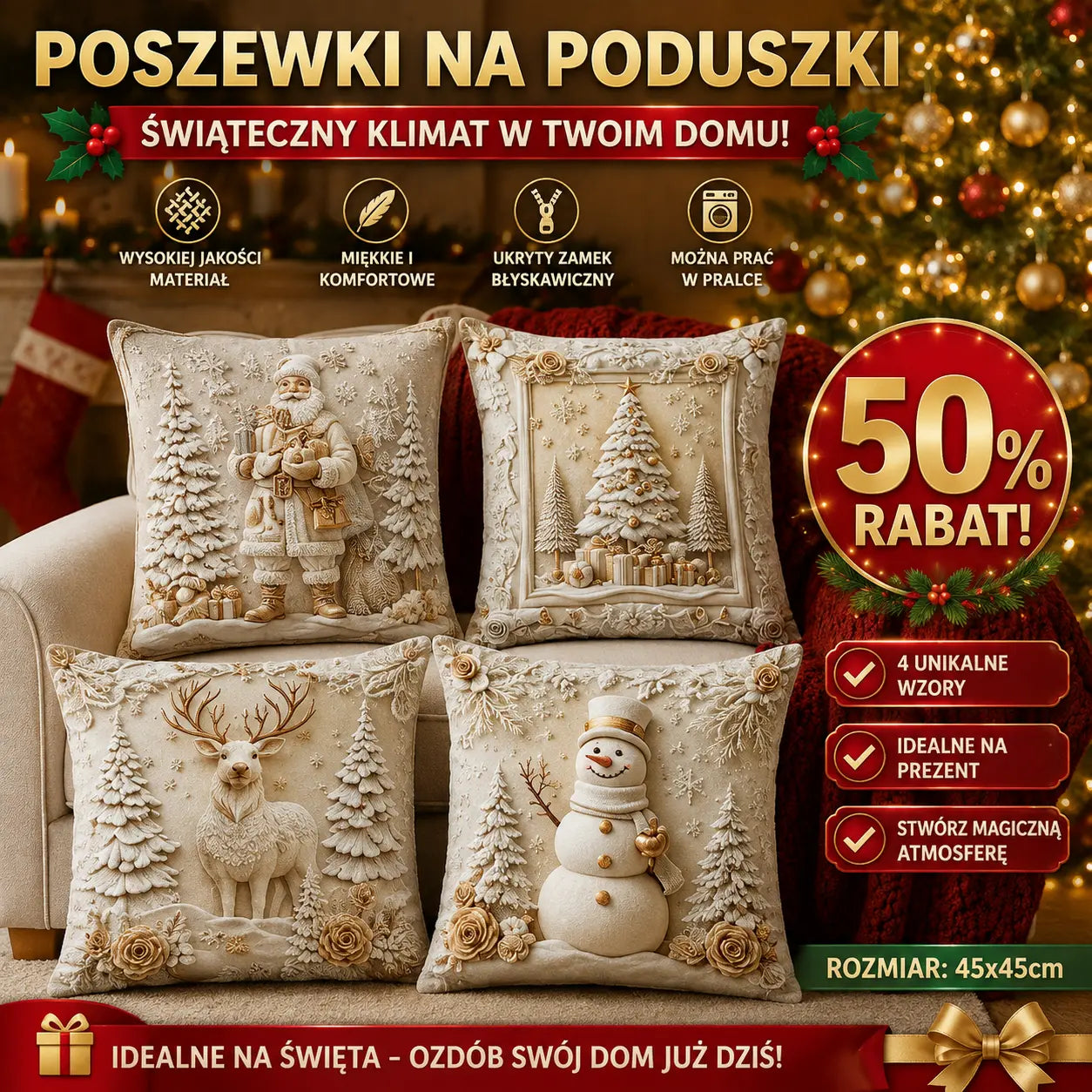 🎅Wyprzedaż świąteczna 50% TANIEJ🎄Poszewka na poduszkę z motywem świątecznym【Zestaw 4 elementów】