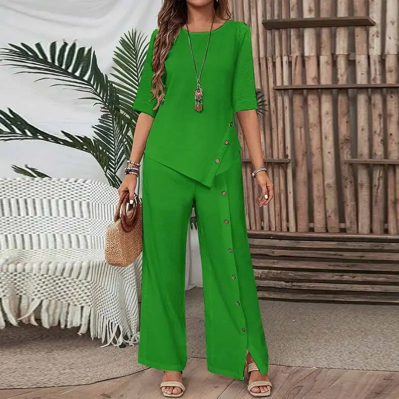 💐【S-5XL】Novi ženski dvodijelni set s nepravilnim rubom, elegantne, moderne, ležerne hlače na kopčanje, širokog kroja.