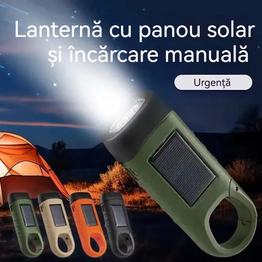 ⚡Lanternă cu panou solar și încărcare manuală – generator portabil ideal pentru urgențe și aventuri!