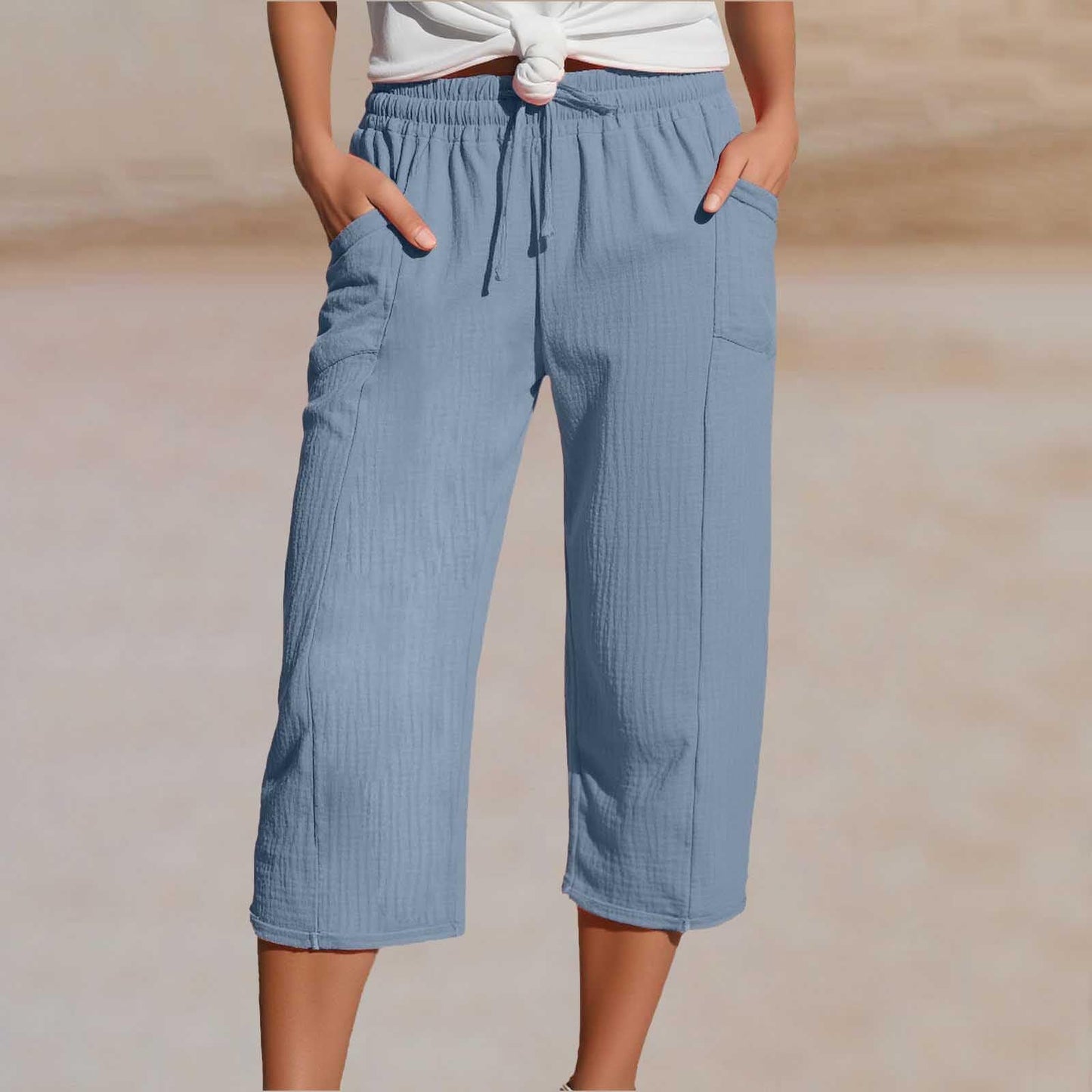 💖【40KG-100KG】👖👖Ženske jednobojne plisirane capri hlače od pamuka i lana - hladne i prozračne, laskaju obliku nogu, elegantne i ležerne