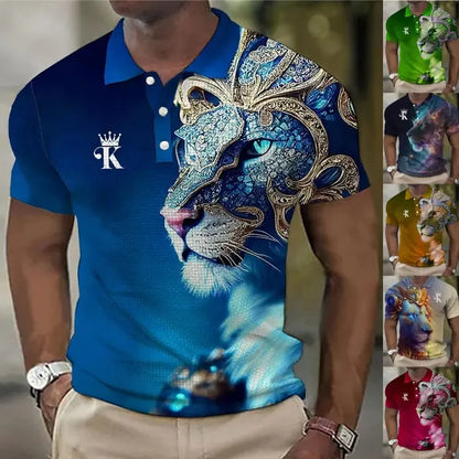 【S-6XL】Męska koszulka polo z nadrukiem 3D z lwem