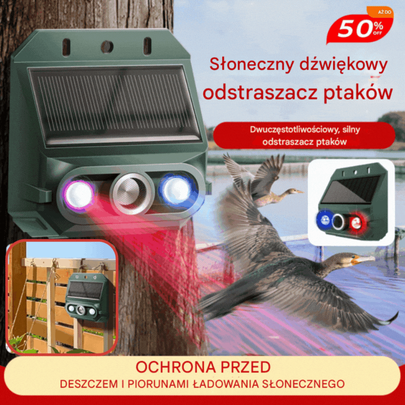 【50% OFF】🔥🐦️Odstraszacz ptaków ultradźwiękowy zasilany energią słoneczną do użytku na zewnątrz z migającym światłem podczerwonym, z czerwoną i niebieską diodą LED