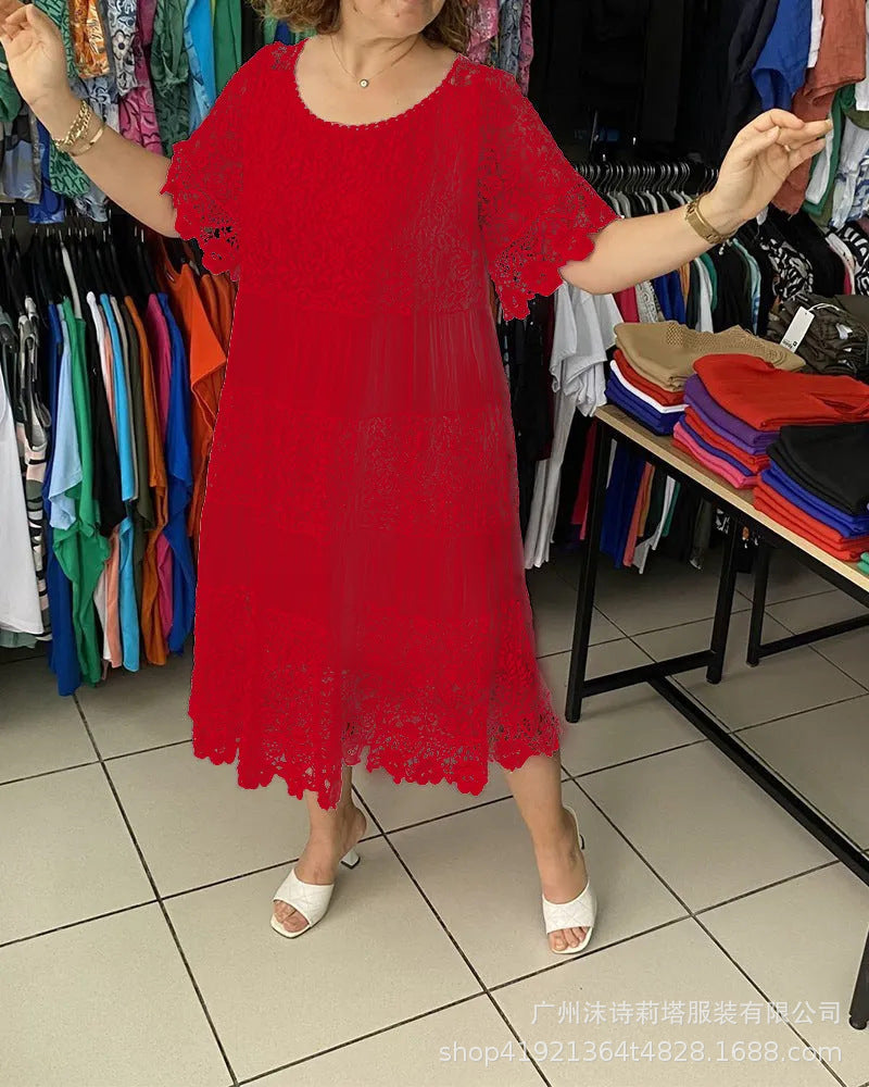 🔥【50% ZĽAVA】✨✨✨【S-5XL】2026Nové šaty s krátkym rukávom, okrúhlym výstrihom a čipkou.